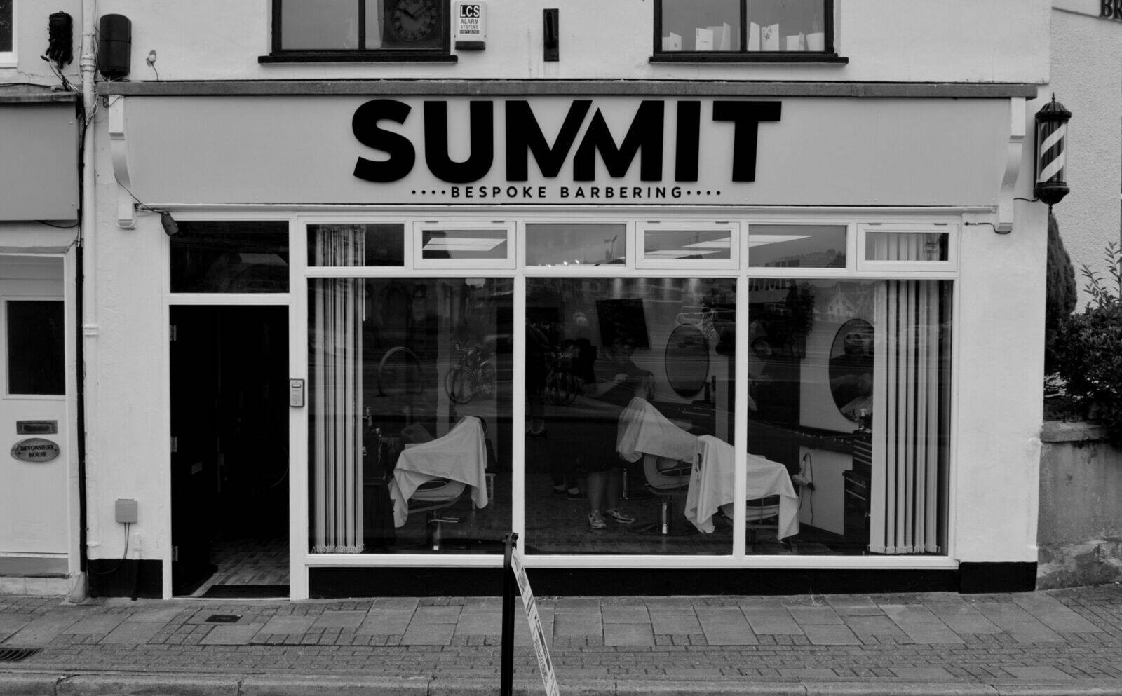 Summit shopfront on The Square, Barnstaple, in black and white